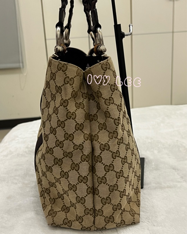 Gucci 竹節裝飾 帆布皮革托特包 編織手把 深咖啡酒紅 232947 正品 二手精品-11