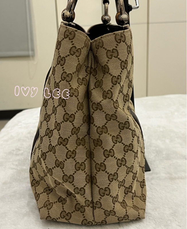 Gucci 竹節裝飾 帆布皮革托特包 編織手把 深咖啡酒紅 232947 正品 二手精品-12