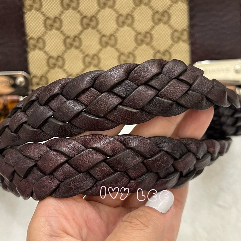 Gucci 竹節裝飾 帆布皮革托特包 編織手把 深咖啡酒紅 232947 正品 二手精品-19