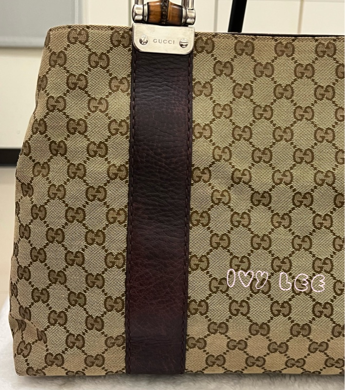 Gucci 竹節裝飾 帆布皮革托特包 編織手把 深咖啡酒紅 232947 正品 二手精品-24