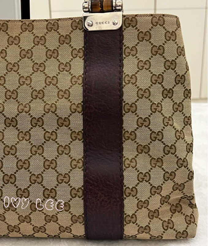 Gucci 竹節裝飾 帆布皮革托特包 編織手把 深咖啡酒紅 232947 正品 二手精品-25