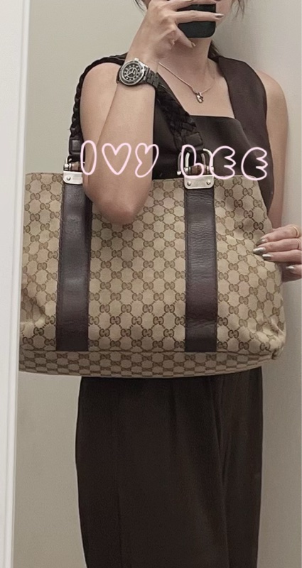 Gucci 竹節裝飾 帆布皮革托特包 編織手把 深咖啡酒紅 232947 正品 二手精品-30