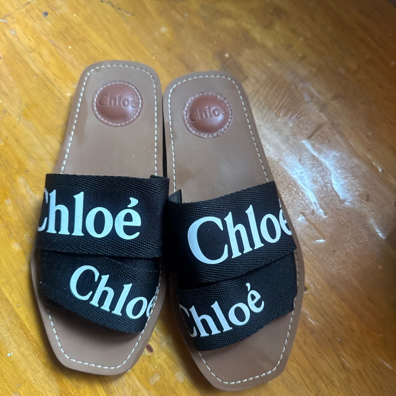 Chloe 拖鞋 36 Chloe’ 蔻依 Woody 棉質織布 平底 拖鞋 黑色-0