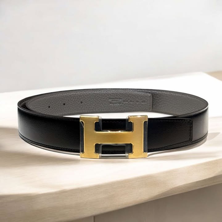 Hermes拉絲金釦H雙面皮帶/黑灰色/寬4CM-0