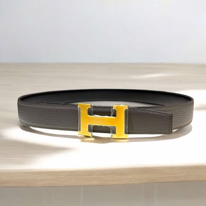 Hermes拉絲金釦H雙面皮帶/黑灰色/寬4CM-1