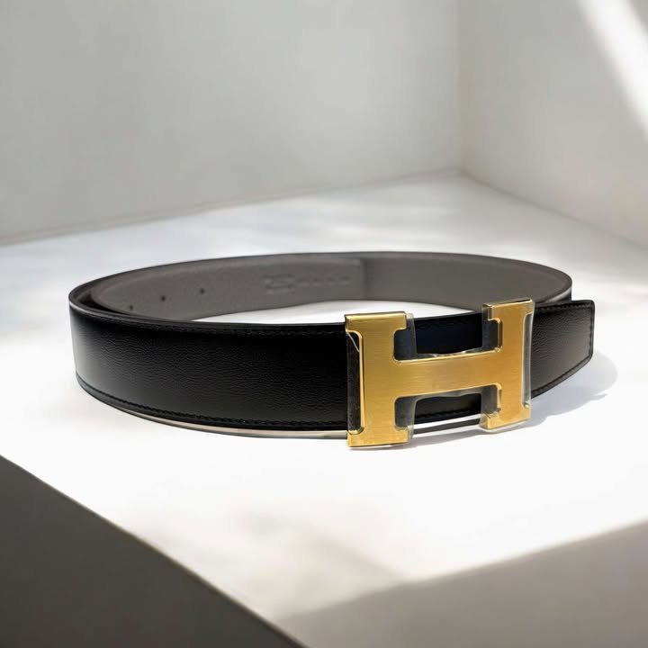 Hermes拉絲金釦H雙面皮帶/黑灰色/寬4CM-2