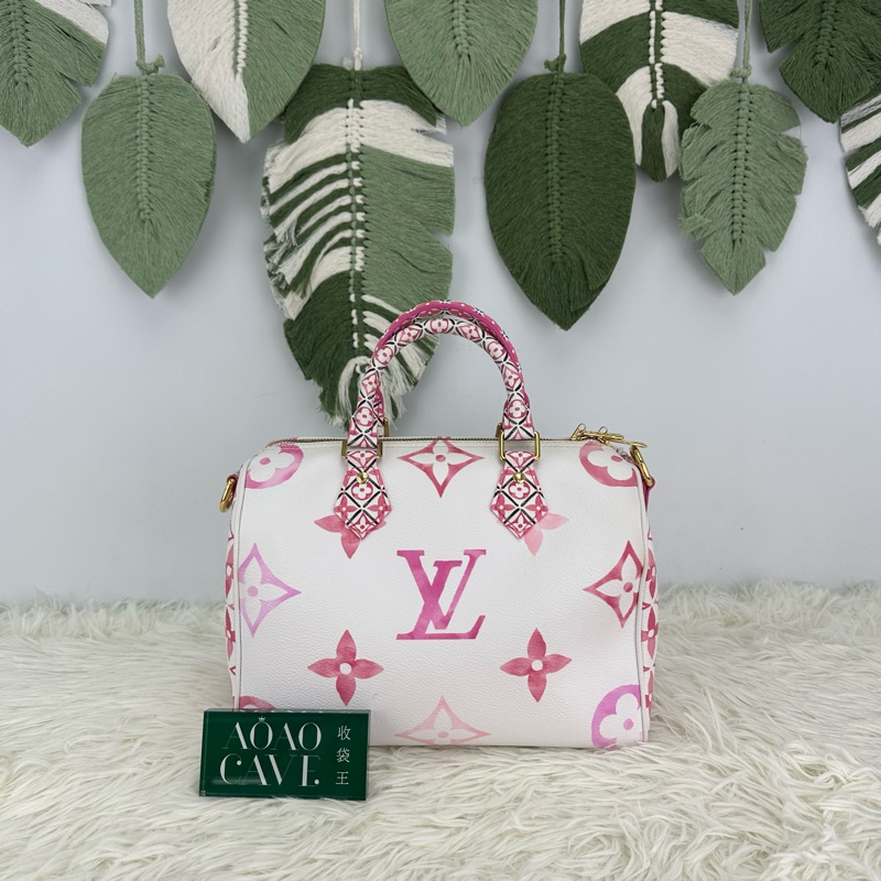 LV 夏日限定白粉色水彩Speedy 25 晶片款 手提斜肩包-4