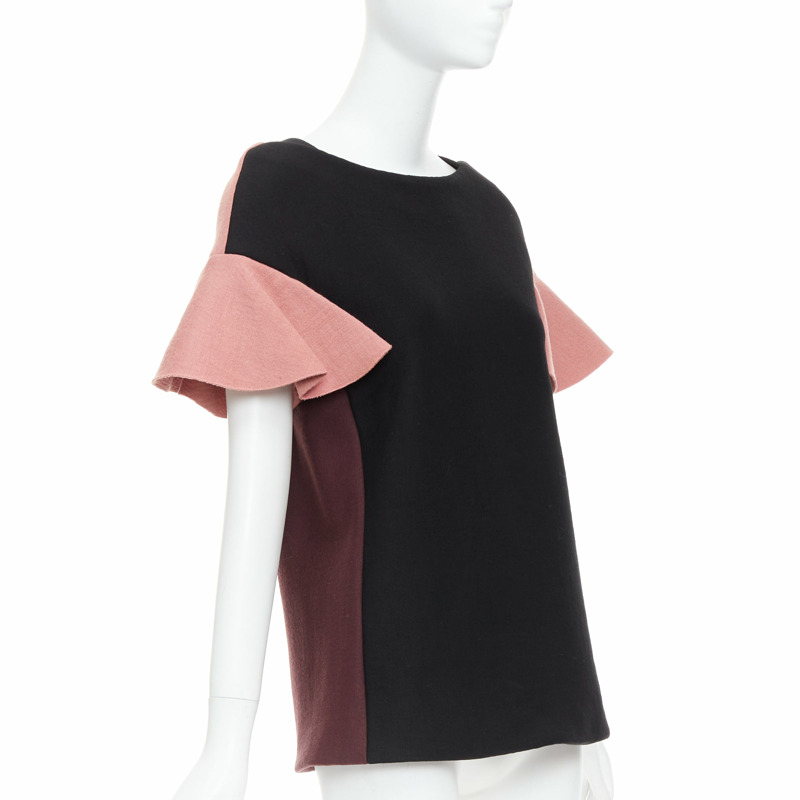 MARNI black pink wool cotton blend ruffle sleeve tunic top IT40 S-0