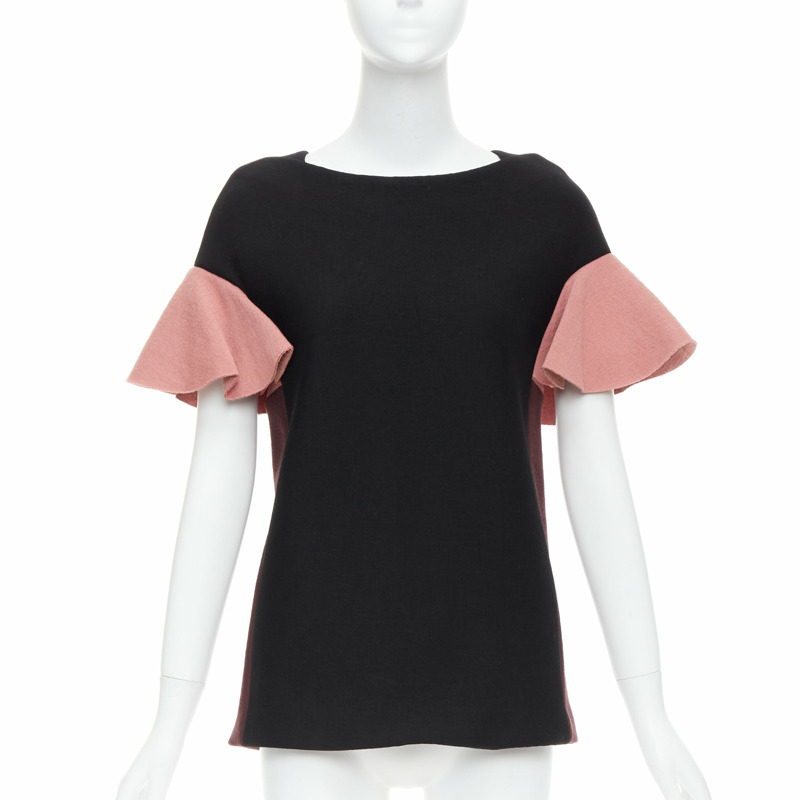 MARNI black pink wool cotton blend ruffle sleeve tunic top IT40 S-2