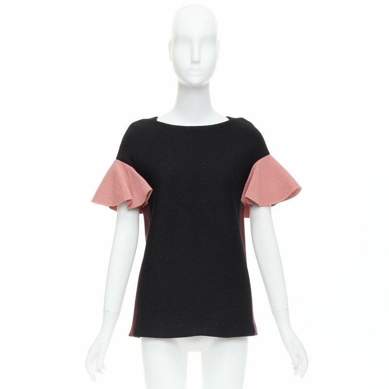 MARNI black pink wool cotton blend ruffle sleeve tunic top IT40 S-8