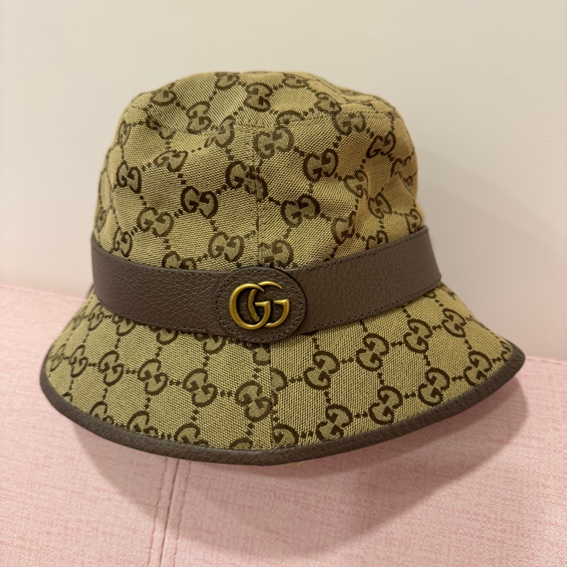 GUCCI 古馳 經典GG LOGO帆布皮革飾邊漁夫帽-0