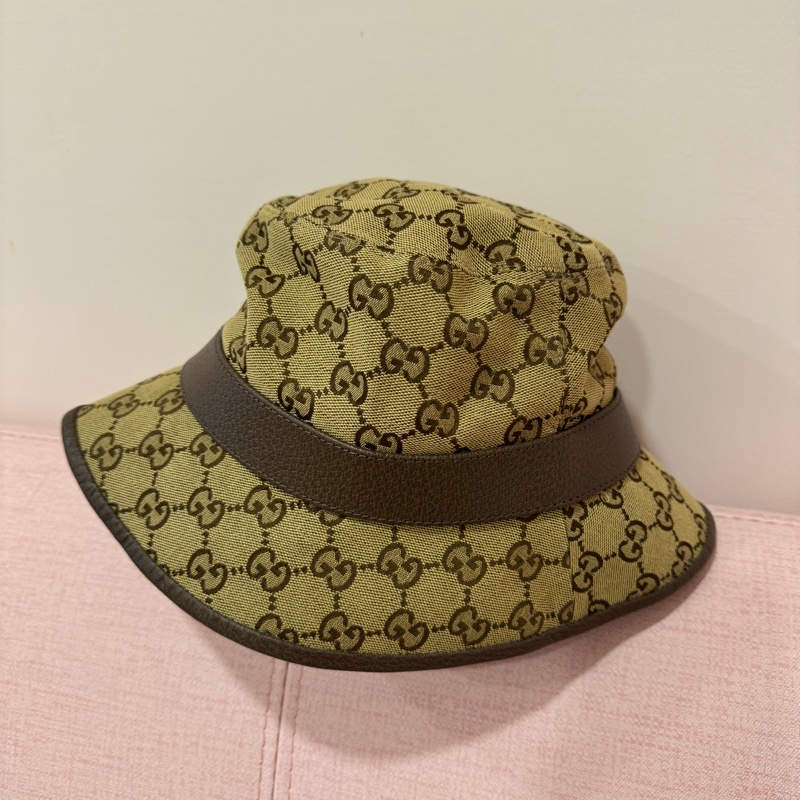 GUCCI 古馳 經典GG LOGO帆布皮革飾邊漁夫帽-1