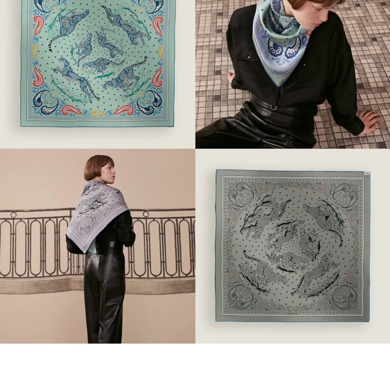 Hemes 90x90杏仁外膜/藍色/玫瑰色「雙面」獵豹絲巾-3