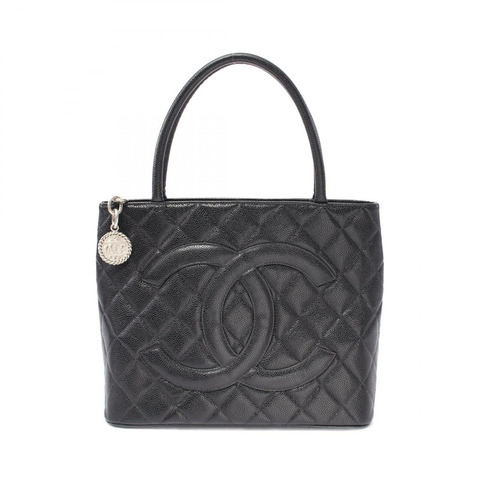 CHANEL Medallion 手提包 A01804 皮革粒面小牛皮黑色二手女士 SHW