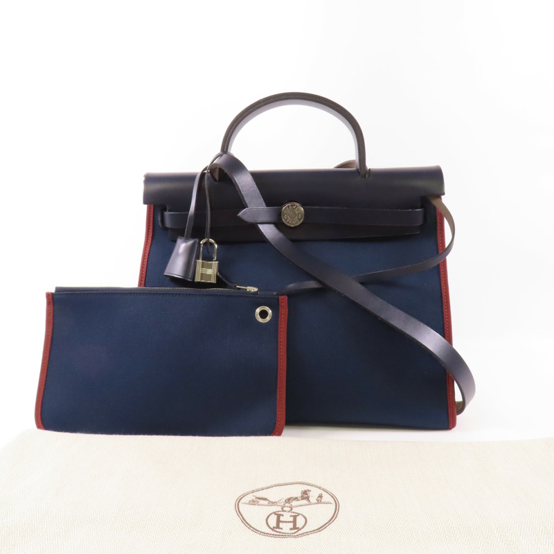 HERMES 【激減優惠】帆布Herbag銀扣手挽肩背兩用袋76 Bleu Indigo-17
