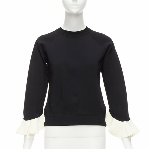 VALENTINO black cream flare ruffles cuffs crew neck sweater top S