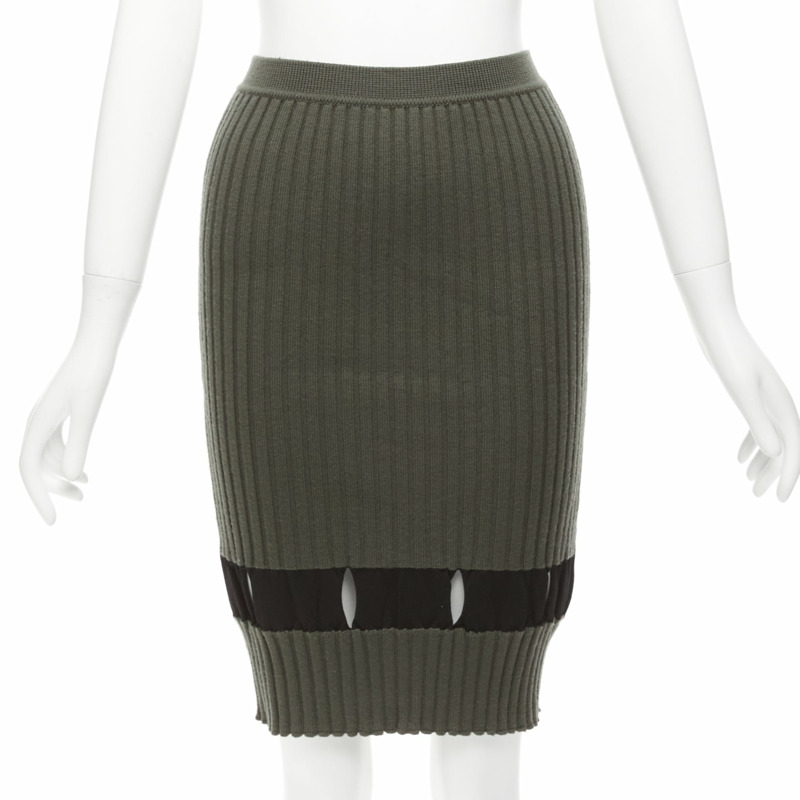 ALEXANDER WANG khaki black ribbed cut out pencil knee skirt XS-0