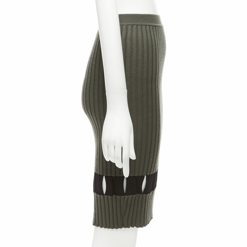 ALEXANDER WANG khaki black ribbed cut out pencil knee skirt XS-3