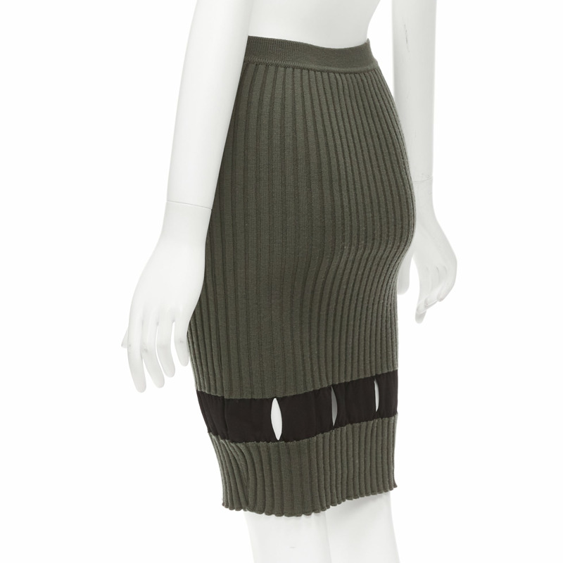 ALEXANDER WANG khaki black ribbed cut out pencil knee skirt XS-5
