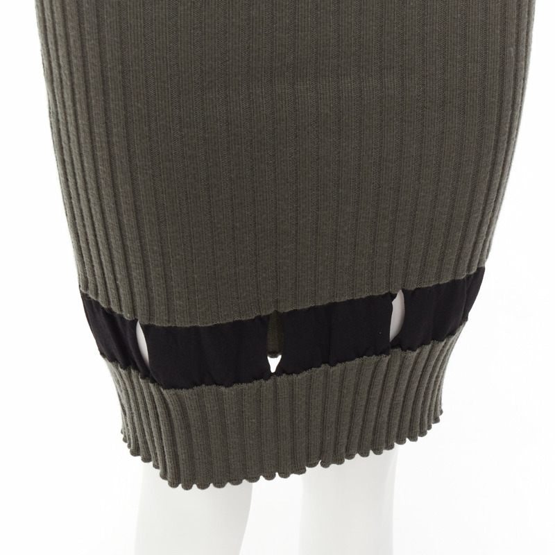 ALEXANDER WANG khaki black ribbed cut out pencil knee skirt XS-6