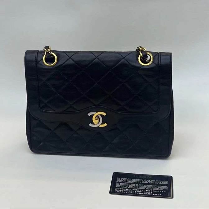 Chanel 巴黎中古美品 稀有法國巴黎限定金銀雙色logo Chanel vintage經典雙蓋classic flap cp雙鍊老香包-8