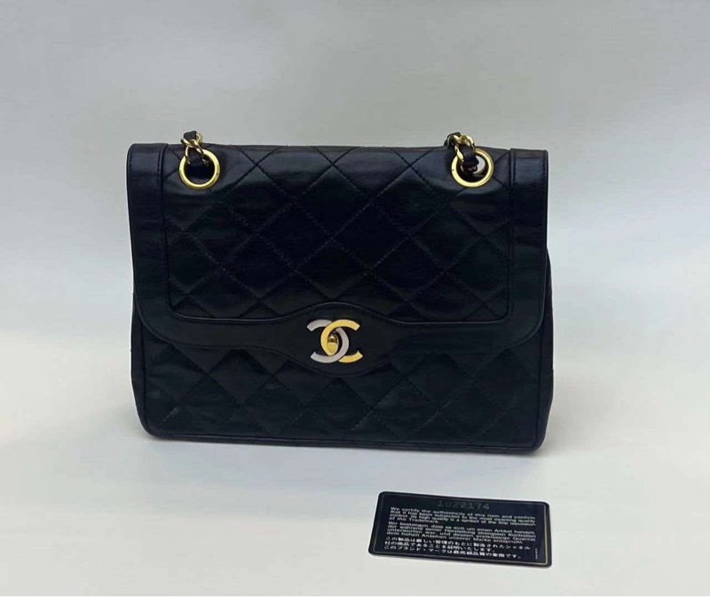 Chanel 巴黎中古美品 稀有法國巴黎限定金銀雙色logo Chanel vintage經典雙蓋classic flap cp雙鍊老香包-15