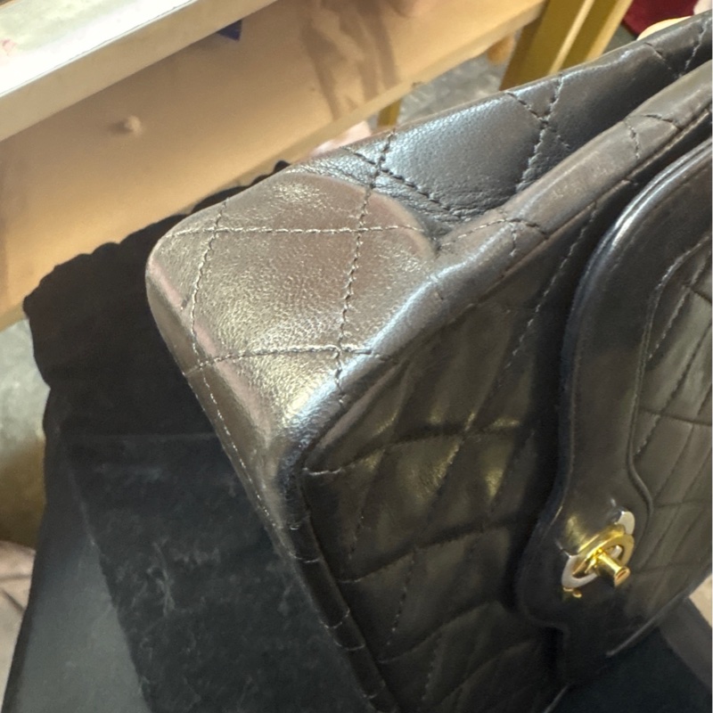 Chanel 巴黎中古美品 稀有法國巴黎限定金銀雙色logo Chanel vintage經典雙蓋classic flap cp雙鍊老香包-12