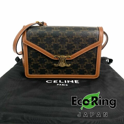 △Celine思琳 Enveloppe Brown Coated Canvas Triomphe Shoulder Bag 啡色塗層帆布肩背袋 -257005337