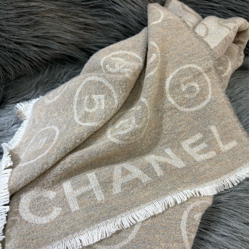CHANEL AAA632B 淺咖 米白 雙色 拼色 毛料 logo N°5 流蘇 圍巾-3