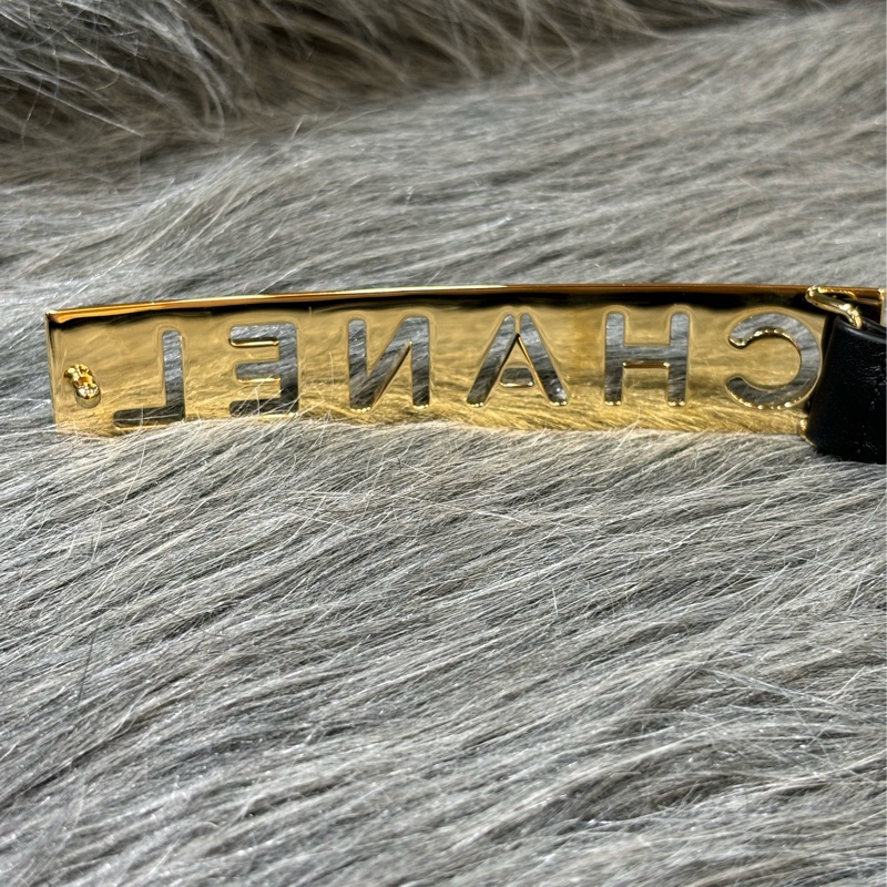 CHANEL AAA216B LOGO 字母 金屬牌白色琺瑯鏤空 黑色羊皮 腰帶 皮帶 腰封-3