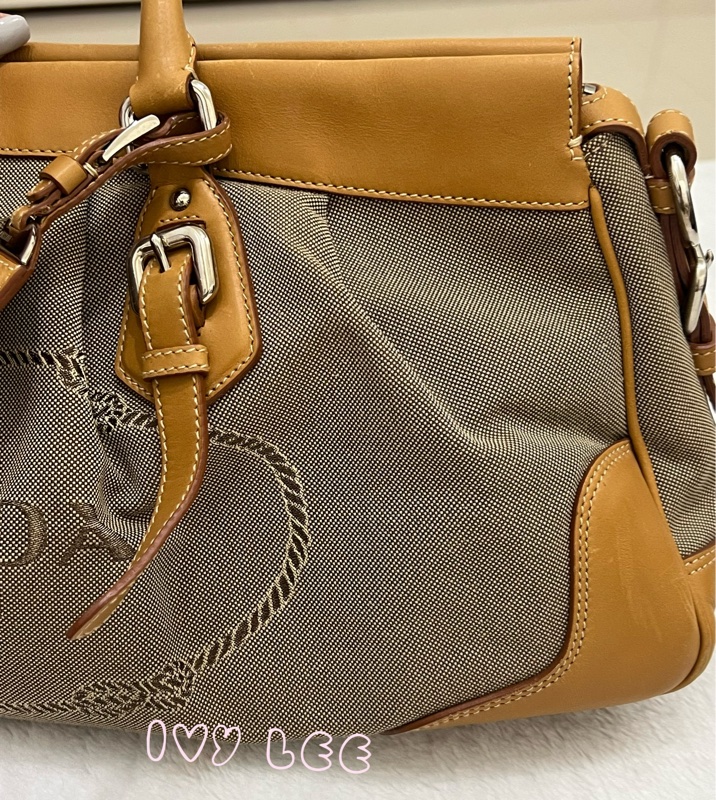 Prada 棕色帆布 皮革 提花徽標 斜背包 肩背包 正品 二手精品-39