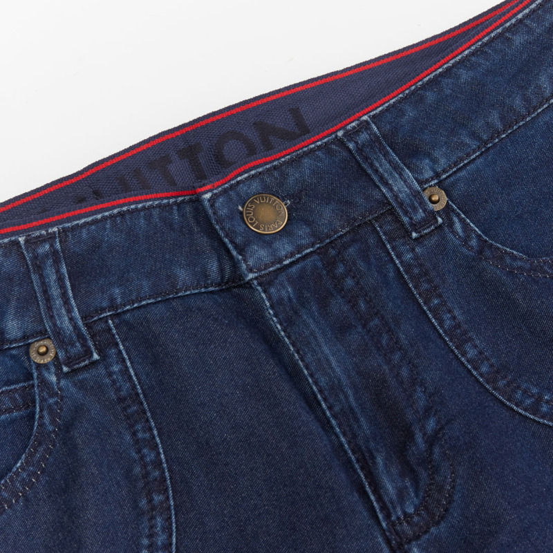 LOUIS VUITTON blue washed denim patchwork logo skinny motorcycle jeans FR34 XS-3