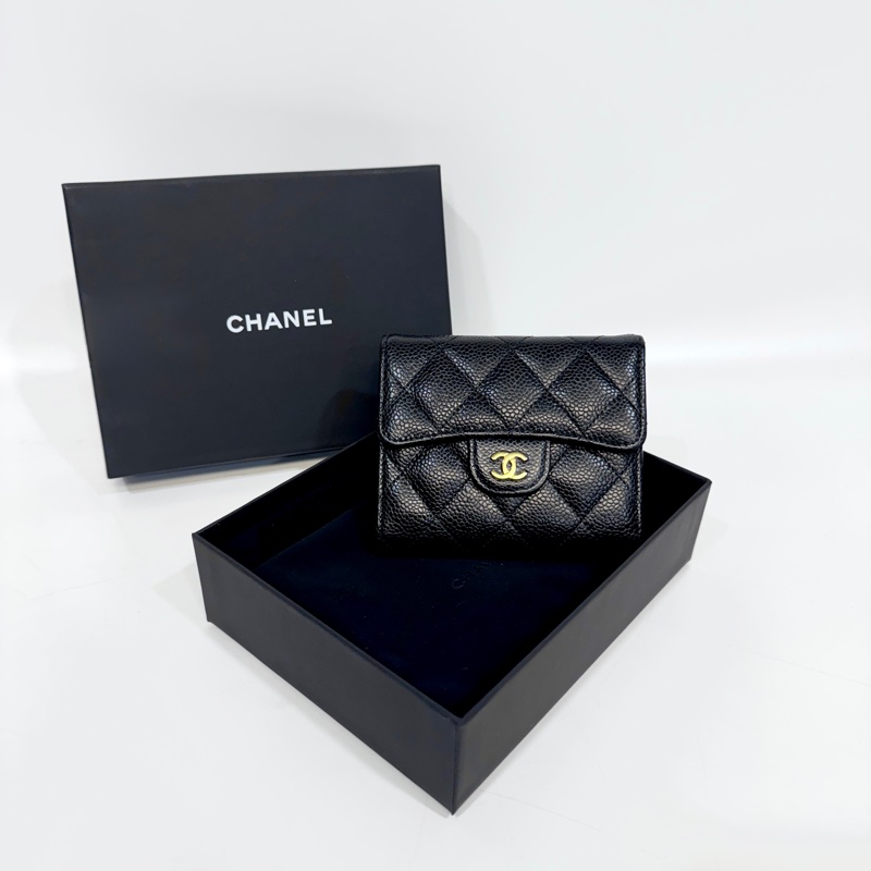 Chanel黑金荔枝牛皮經典coco三折短夾AP0231-0
