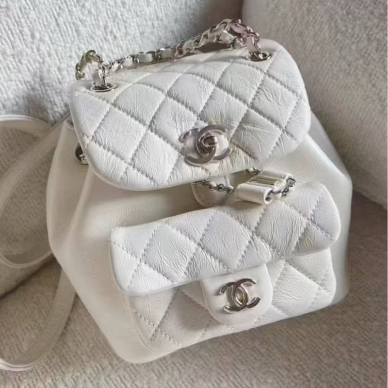 全配芯片款🈶️購證❤️香奈兒奶油白油蠟牛皮duma 雙肩包-2