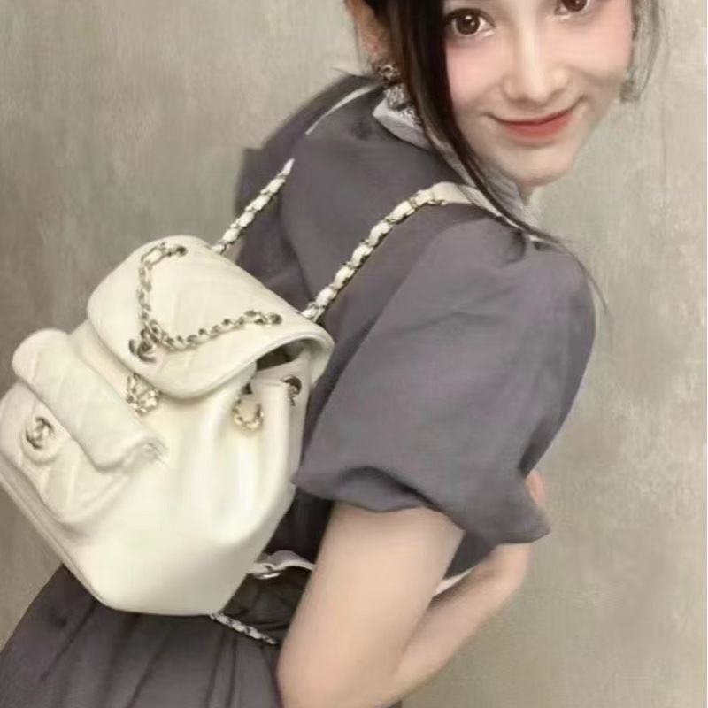 全配芯片款🈶️購證❤️香奈兒奶油白油蠟牛皮duma 雙肩包-3