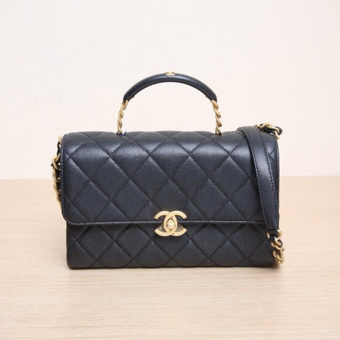 CHANEL(香奈兒) 23S Carryme 手柄風琴包 22cm 黑色 荔枝 晶片開 金扣 金屬皮手柄