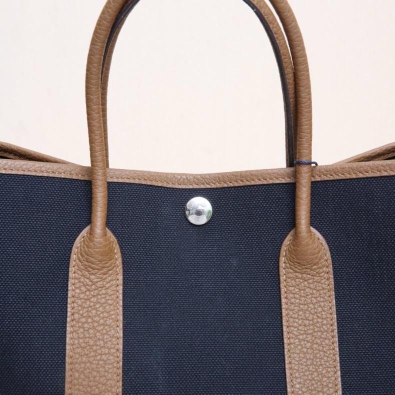 HERMES(愛馬仕) Garden Party 花園包 30 89黑色 帆布 U刻 銀扣 拼新餅乾色-5
