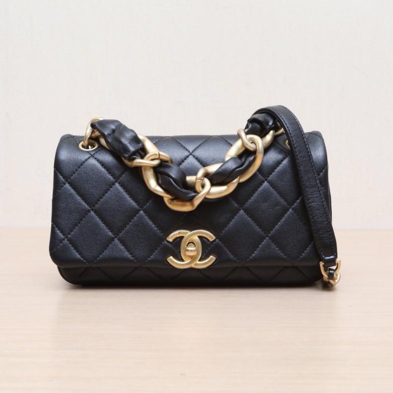 CHANEL(香奈兒) 21P 口蓋包 23cm 黑色  30開 金扣 皮穿鏈手柄-0
