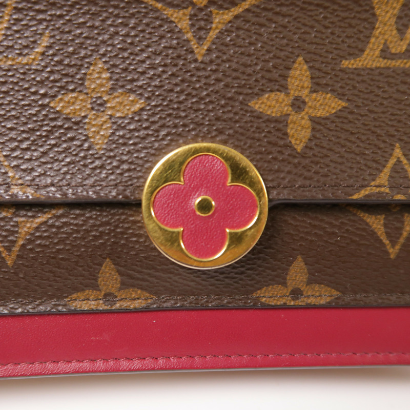 LOUIS VUITTON Monogram Portefeuille Flore金扣鏈帶肩背袋棕色/紅色-6