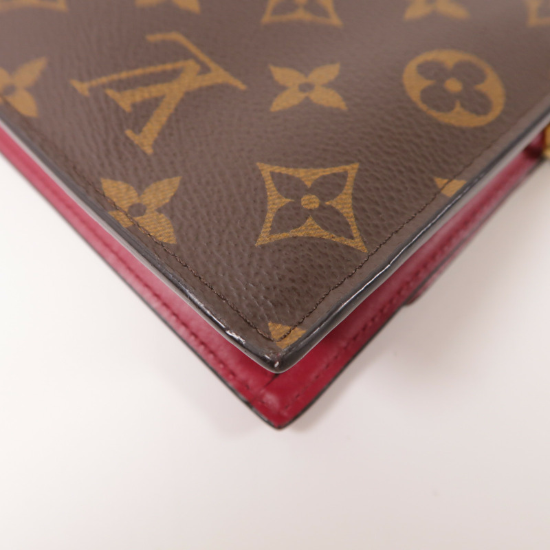 LOUIS VUITTON Monogram Portefeuille Flore金扣鏈帶肩背袋棕色/紅色-12