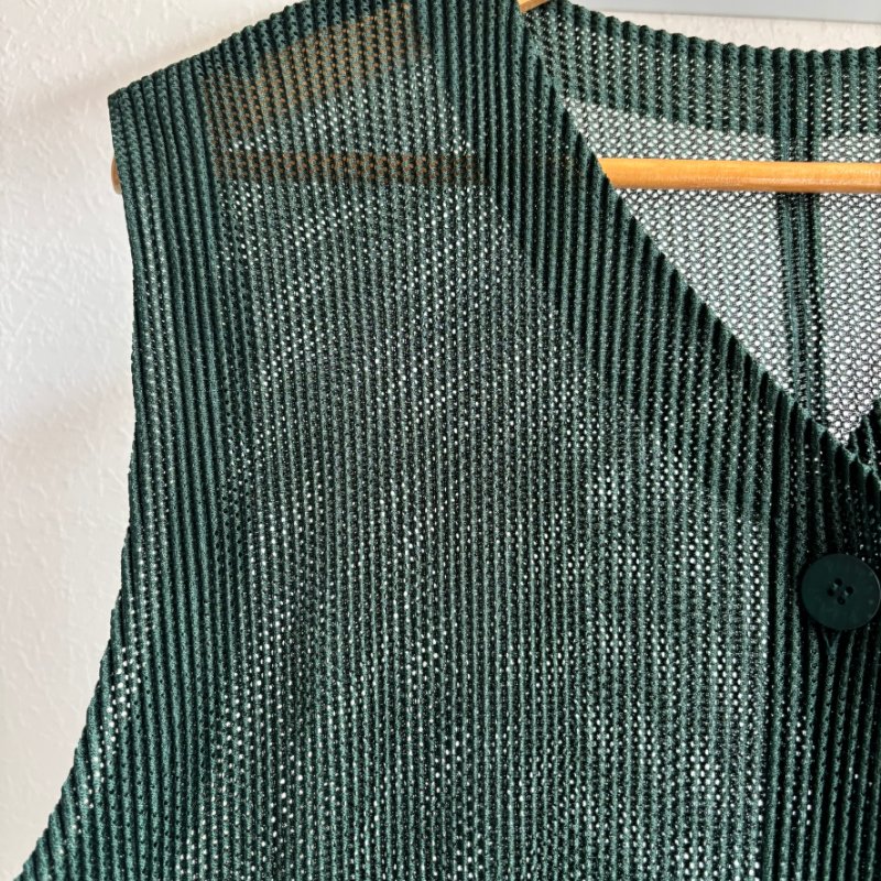 PLEATS PLEASE ISSEY MIYAKE 三宅一生PP 松綠色網狀長版背心罩衫3號-4