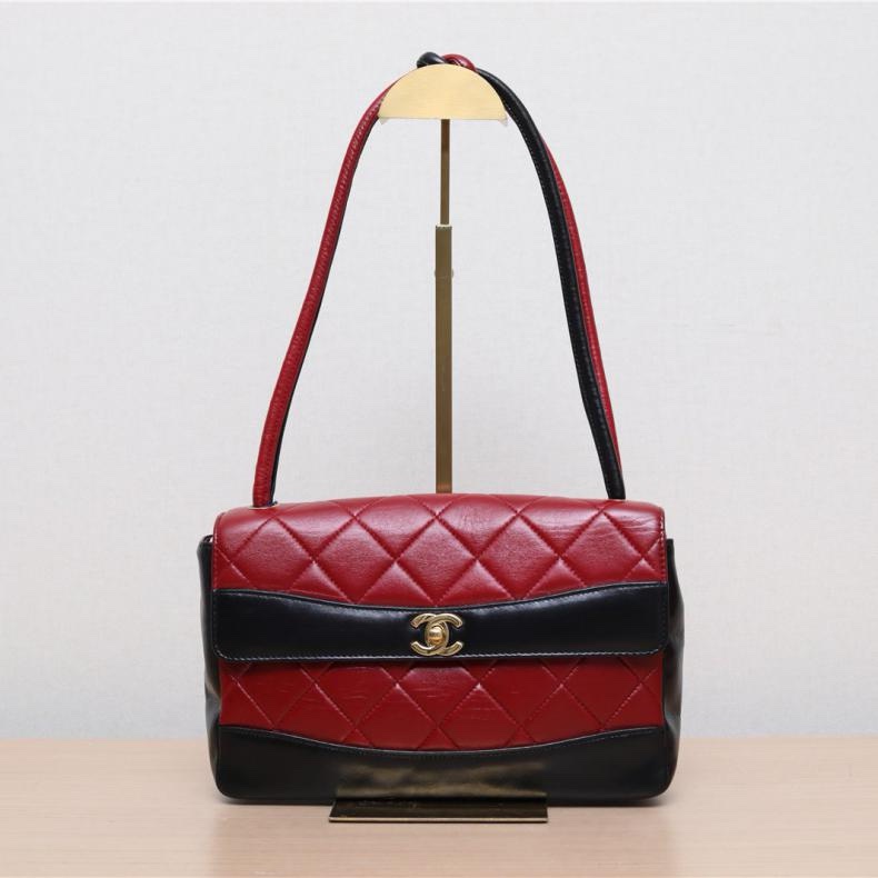 CHANEL(香奈兒) 中古 拼色CF單肩包 紅色 6開-0