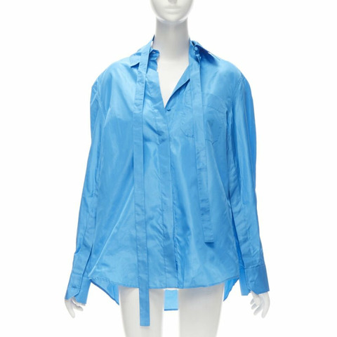 VALENTINO 2022 Runway blue silk tafetta relaxed neck tie oversized shirt IT38 XS