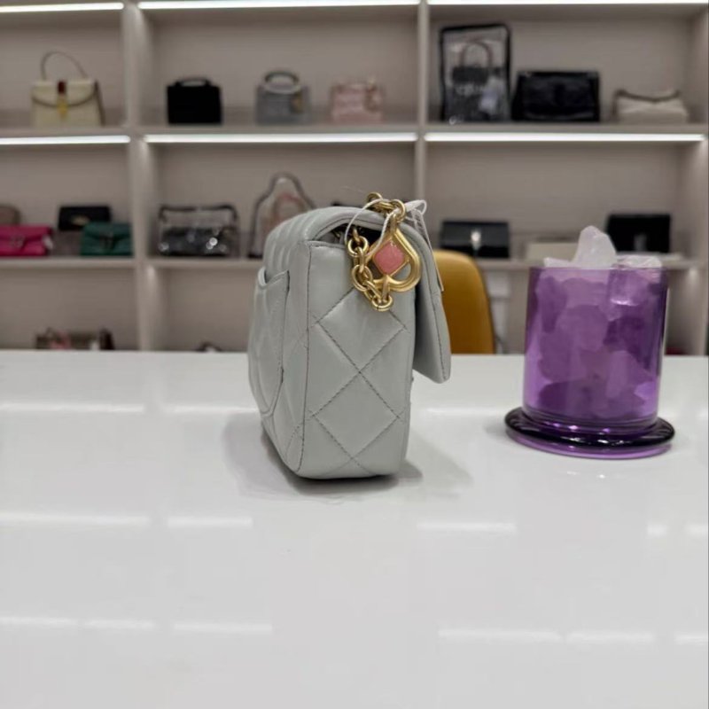 CHANEL 23s方胖子砝瑯鏈條包 藍灰色17*13cm  98新配件塵袋-2
