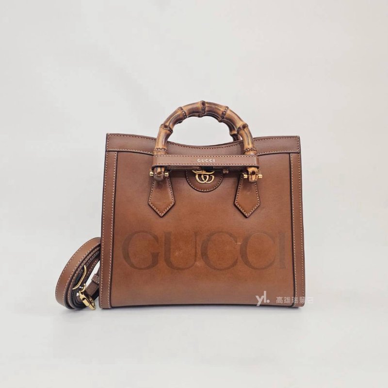 ❣Gucci 咖牛皮霧金釦前壓印Logo竹節Diana小號手提斜背包-0