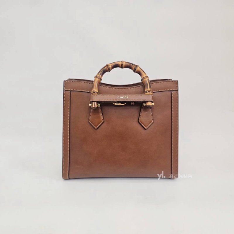 ❣Gucci 咖牛皮霧金釦前壓印Logo竹節Diana小號手提斜背包-1