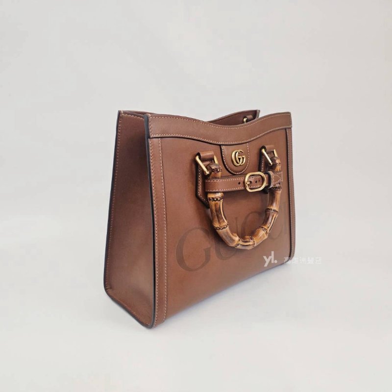 ❣Gucci 咖牛皮霧金釦前壓印Logo竹節Diana小號手提斜背包-5