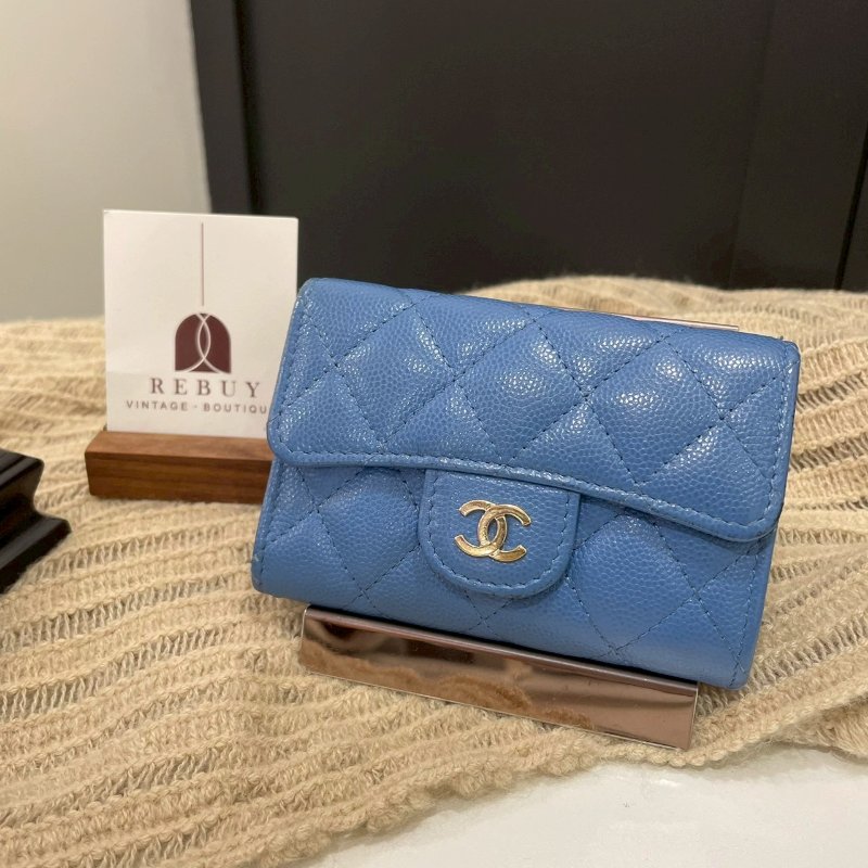 Chanel CF荔枝單層卡包 藍色金扣-0