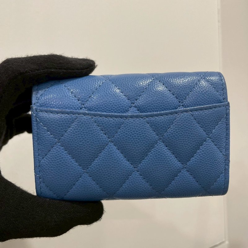Chanel CF荔枝單層卡包 藍色金扣-3