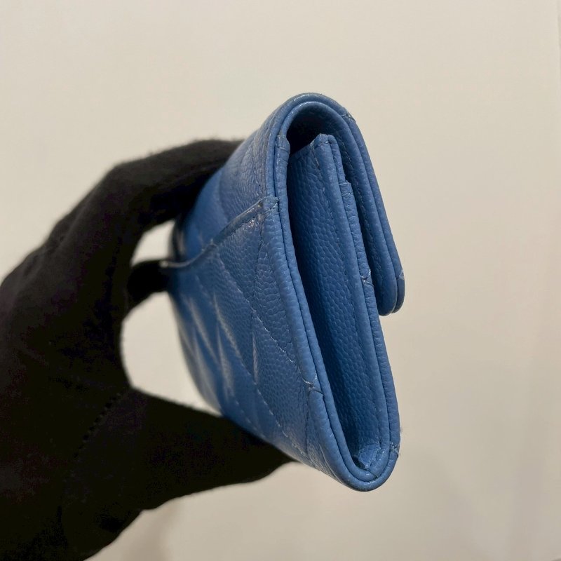 Chanel CF荔枝單層卡包 藍色金扣-4